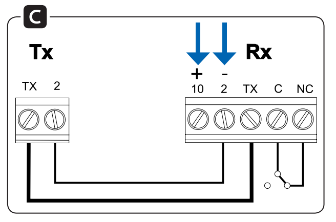 Anslutningar för TX och RX på CAME DIR10-fotoceller