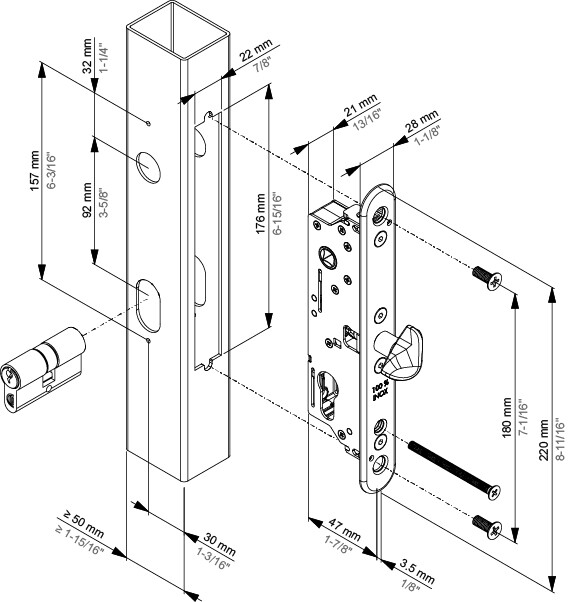 Monteringsritning för låset FIFTYLOCK-S med 30 mm backset och 47 mm insticksdjup