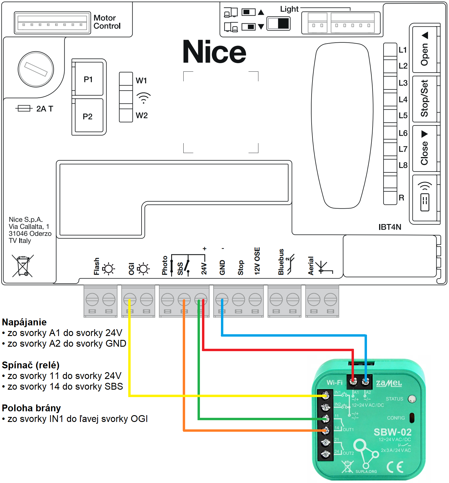 Kopplingsschema för Zamel Wi-Fi-modul till drivenheten NICE Robus RBS med styrenheten MCU1